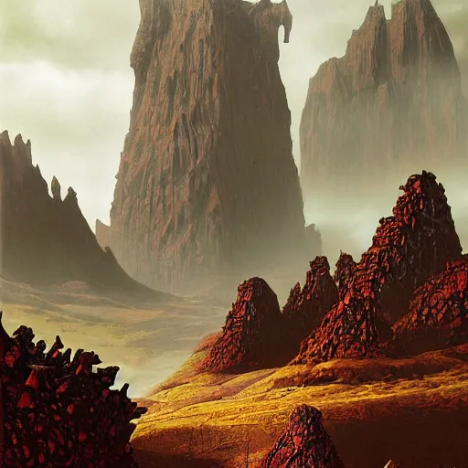 Image similar to concept art of a giant fractal golem, pride, day time, foreboding, fantasy, valley, wayne barlowe