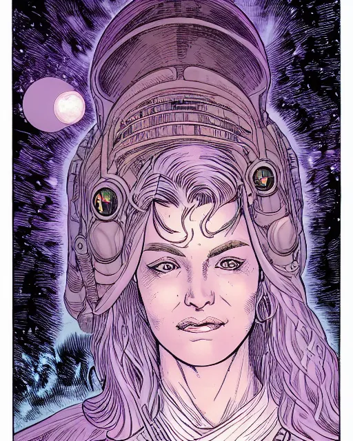 Image similar to closeup portrait of a female space priestess by arthur adams and moebius and chip zdarsky, stunning, comic, pen and ink, slash page, highly detailed