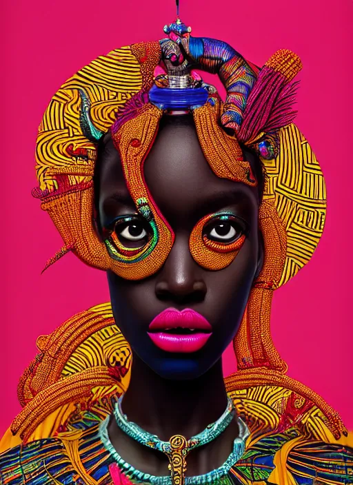 Prompt: pretty african model with hallucination avant garde : : by martine johanna and simon stalenhag and chie yoshii and casey weldon and wlop : : ornate, dynamic, particulate, rich colors, intricate, elegant, highly detailed, centered, vogue, fashion magazine, smooth, sharp focus, octane render, 8 k