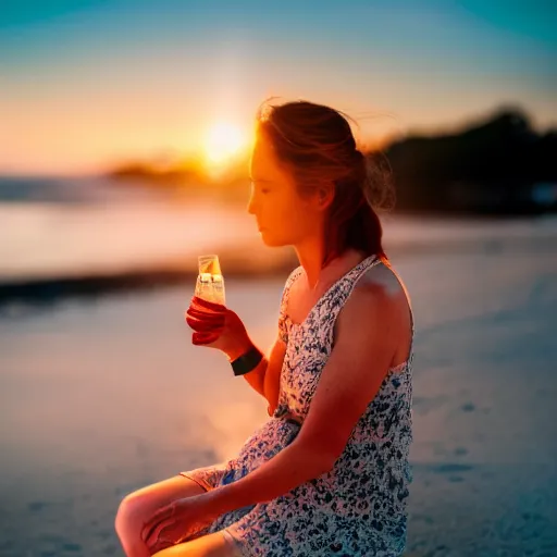 Prompt: a woman drinking gin and tonic on the beach, sunset, photography, 4 k,