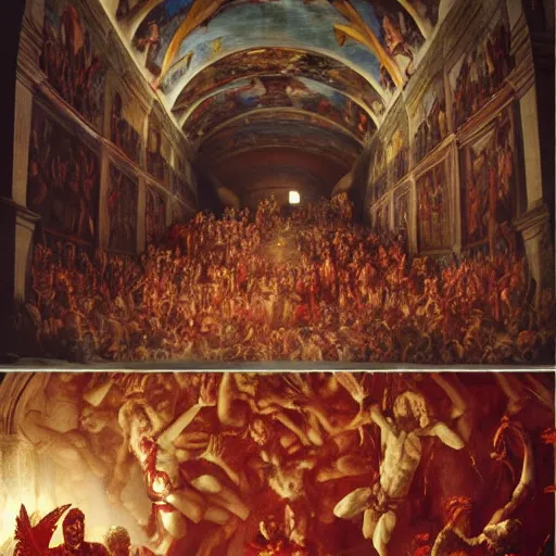 Image similar to the sistine chapel breaks open in half in the ceiling as a red magical portal from hell opens up, lucifer morningstar emerges along with hordes of demons, the priests and the pope look at the scene with terror in their eyes. highly detailed painting by gaston bussiere, greg rutkowski, craig mullins 8 k