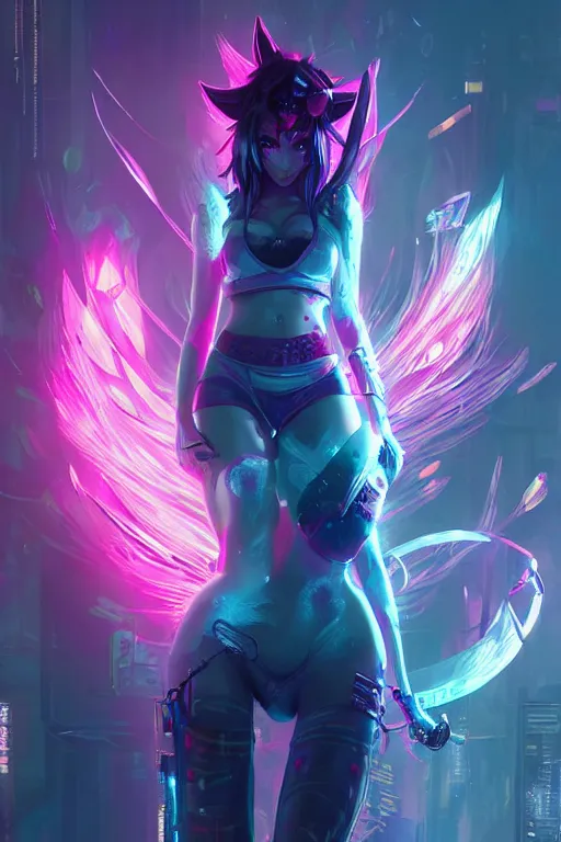 Prompt: ahri from league of legends, cyberpunk futuristic neon. decorated with traditional japanese ornaments by ismail inceoglu dragan bibin hans thoma greg rutkowski alexandros pyromallis nekro rene maritte illustrated, perfect face, fine details, realistic shaded, fine - face, pretty face, masterpiece