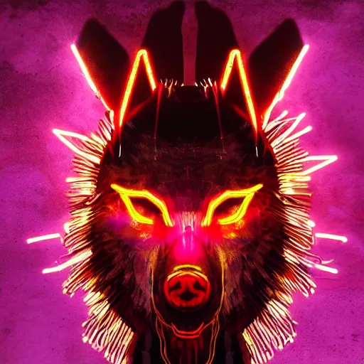 Image similar to wolf headed shaman, meditating, floating, angry, cyberpunk, junkyard, neon glow, electric glow, dark dynamic lighting