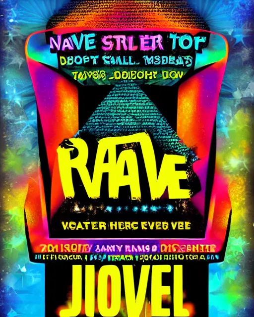 Prompt: rave flyer by junior tomlin