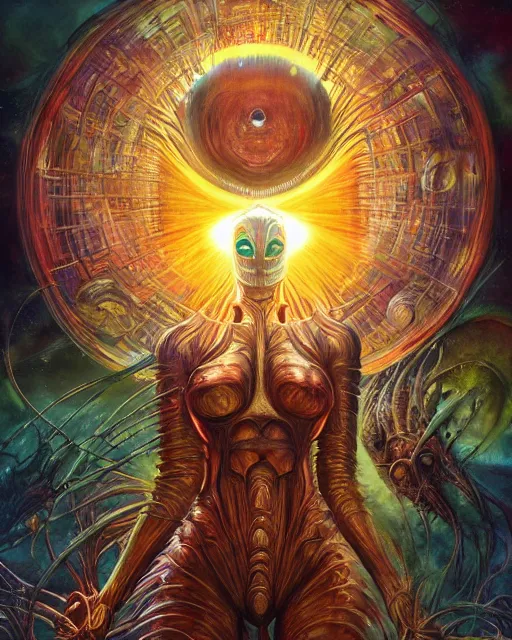 Prompt: sun machine, by antonio j. manzanedo, giger, alex grey, android jones, wayne barlowe, philippe druillet, raymond swanland, cyril rolando, josephine wall, harumi hironaka, trending on artstation