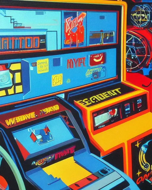 Image similar to arcade start screen. 8 0 s era technology, vintage shapes, retro technology, vintage color, wayne barlow, oil on canvas, deep depth of field, masterpiece, cinematic composition, hyperdetailed