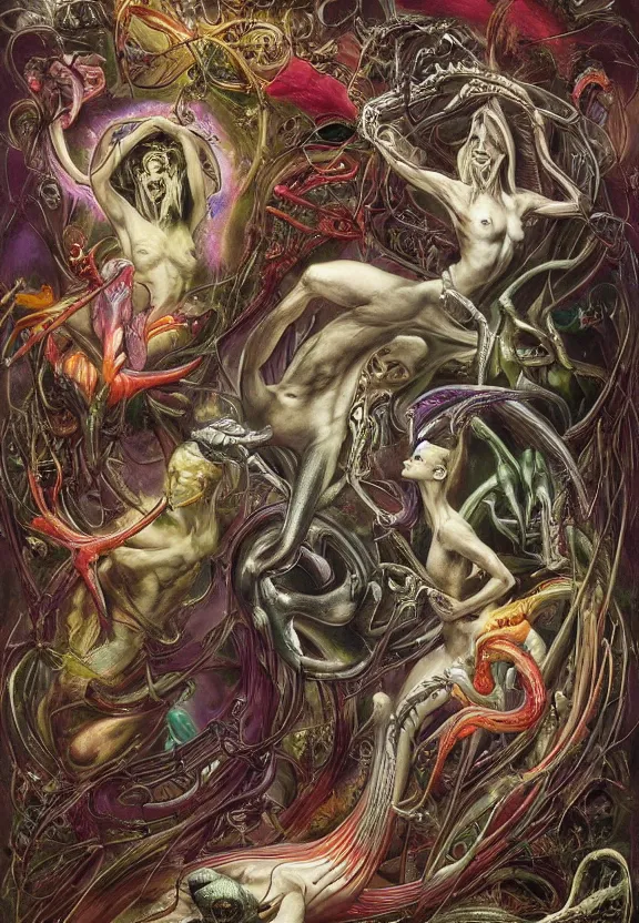 Prompt: simplicity, elegant, colorful muscular eldritch orchids, lilies, flowers, bodies, neon, radiating, honeybees, mandalas, by h. r. giger and esao andrews and maria sibylla merian eugene delacroix, gustave dore, thomas moran, pop art, giger's biomechanical xenomorph, art nouveau