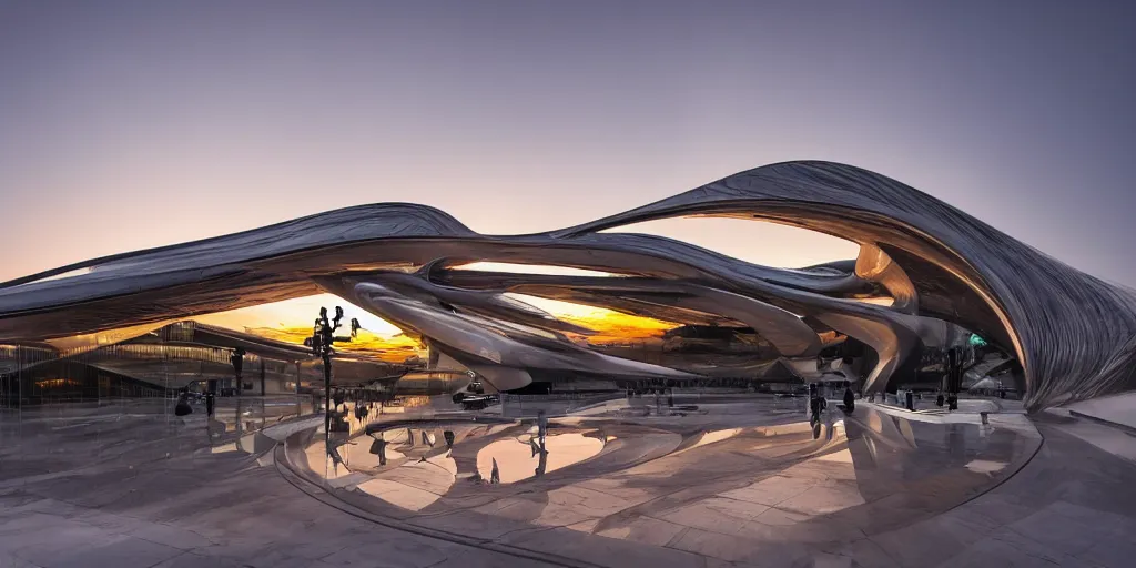 Image similar to extremely detailed ornate stunning sophisticated beautiful elegant futuristic museum exterior by Zaha Hadid, stunning volumetric light, beautiful sunset, tail lights