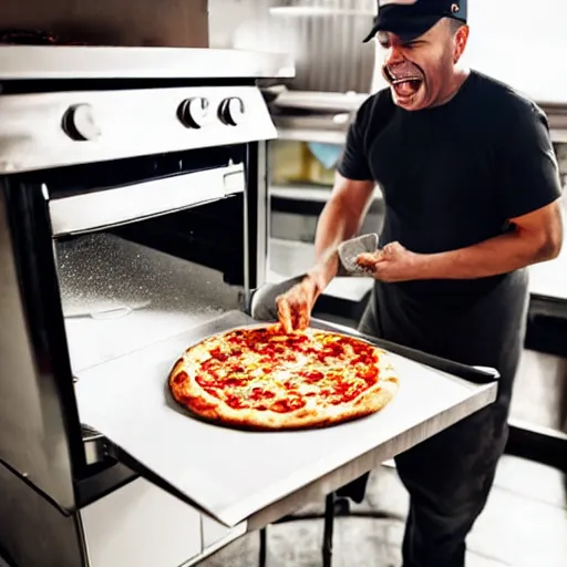 Image similar to a bald black is putting a pizza in the oven while the restaurant owner is yelling at him