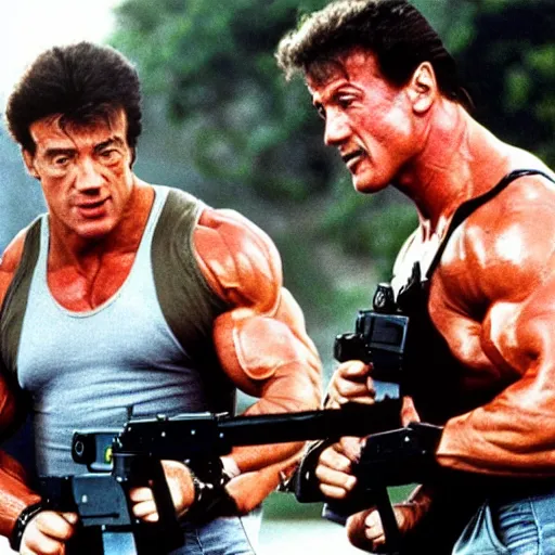 Image similar to arnold schwarzenegger and sylvester stallone in contra, 1 9 8 7, movie still