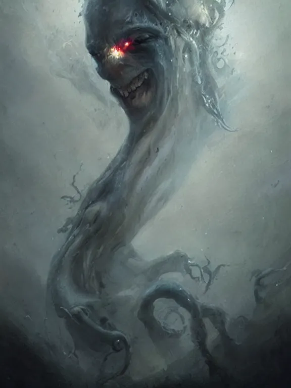 Image similar to painting by greg rutkowski a flying human head with tears running down it's face face that is chalk white in color, with long white!! tentacles!! coming out of the neck, fiery scorching red eyes, flying in a terrying hellish dark cavernous place