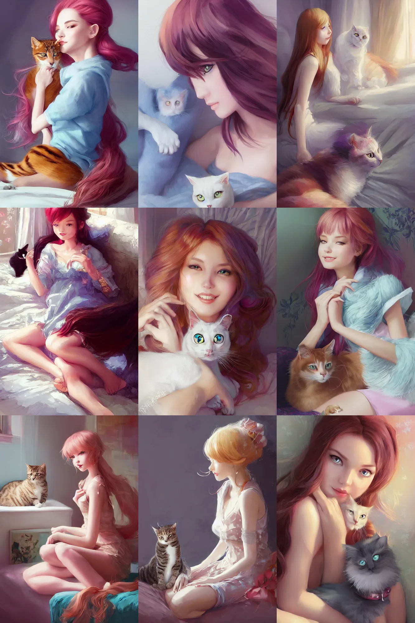 Prompt: a beautiful elegant girl sitting in her bedroom petting a cat | | cute - fine - subtle smile, colorful hair, face, pretty face, fine details by stanley artgerm lau, wlop, rossdraws, james jean, andrei riabovitchev, marc simonetti, and sakimichan, trending on artstation