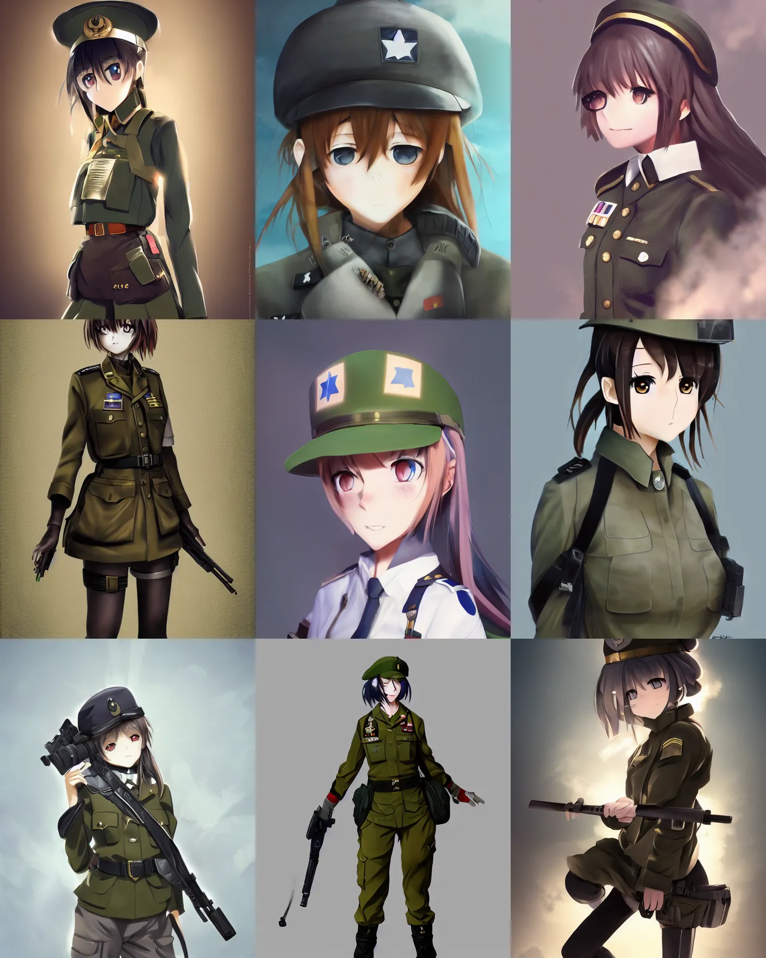 Prompt: anime girl with a military uniform, dramatic art, trending on artstation, volumetric lighting, cute - fine - face, beautifully detailed and perfect