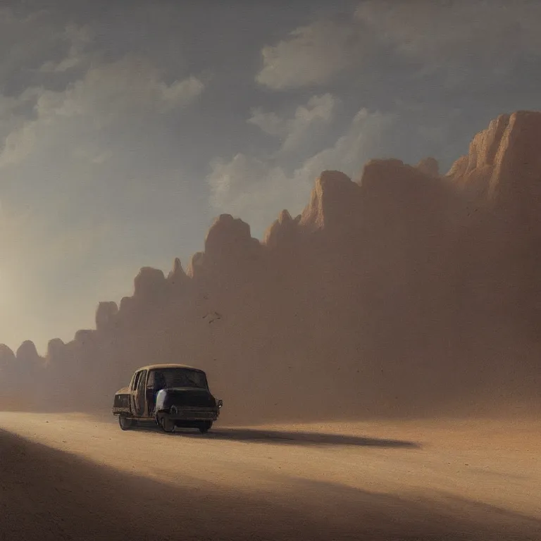 Image similar to a beautiful painting of a lone van driving into the distance on a deserted desert highway by carl gustav carus, highly detailed, concept art, cinematic lighting, high noon