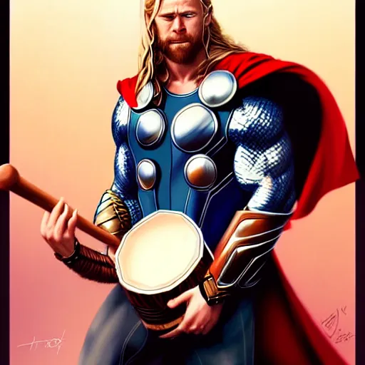 Image similar to thor playing the bongos, comic style by guweiz and stanley artgerm, extremely high quality artwork, very detailed, trending on artstation