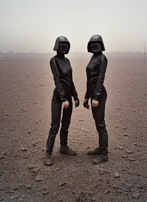 Image similar to cinestill 5 0 d photographic portrait of two loving clones, techwear women on a desolate plain, a brutalist dark metal facility in the background, dust storm, depth of field, 4 k, 8 k, hd, full color