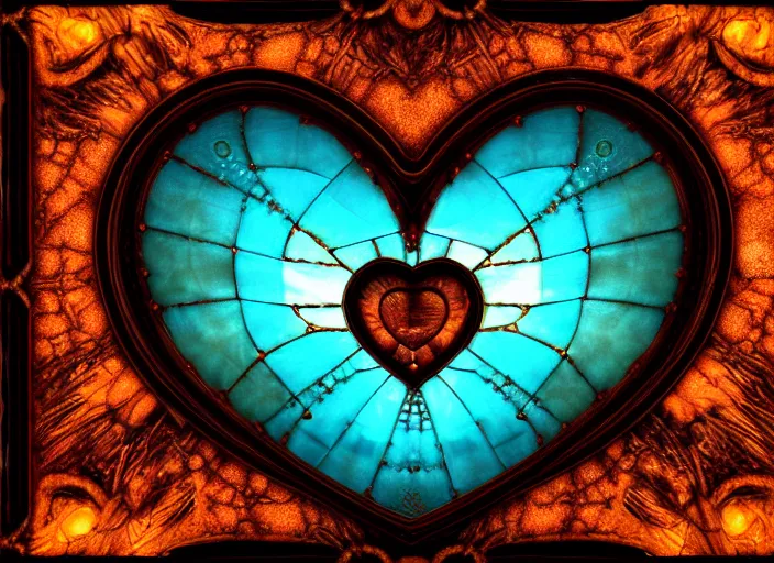 Prompt: ! dream steampunk symmetrical heart. by casey baugh, by rembrandt, mandelbulb 3 d, turquoise rust, stained glass