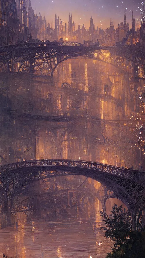 Image similar to a beautiful painting of the view from the river of a city of bridges and arches, with art nouveau architecture, at night with a sky full of stars, intricate, elegant, highly detailed, digital painting, artstation, concept art, by krenz cushart and artem demura and alphonse mucha