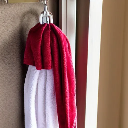 Prompt: a lifelike doll hanging, tied to a towel rack in the bathroom with a fabric belt