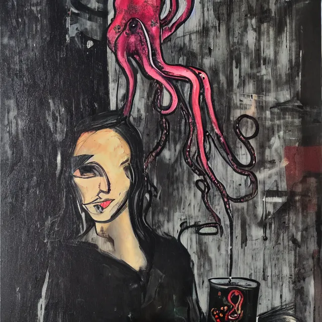 Prompt: a portrait in a dark cafe, a woman holding an octopus, streetlamps, wet, puddles, wild berries, rats, ikebana, neo - expressionism, surrealism, acrylic and spray paint and oilstick on canvas