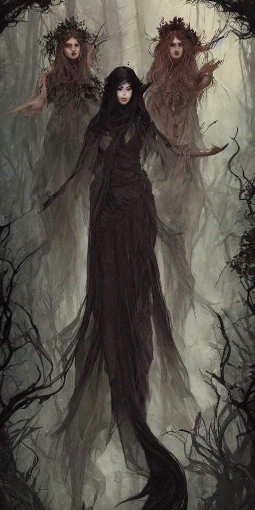 Prompt: playing card of the three fates, dark and ethereal, wild hairs, expressive poses, dark dress, fantasy, intricate, dark forest background, highly detailed, digital painting, artstation, concept art, smooth, sharp focus, illustration, art by artgerm and greg rutkowski and alphonse mucha