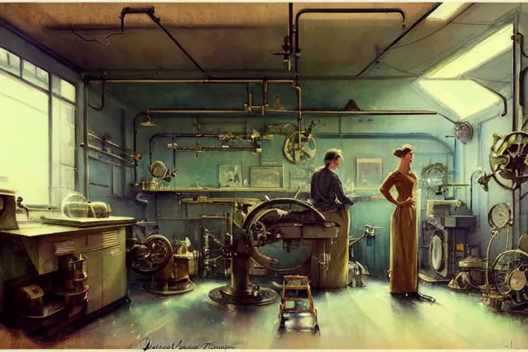 Image similar to ( ( ( ( ( 1 9 5 0 s retro science fiction mechanics shop interior scene. muted colors. ) ) ) ) ) by jean - baptiste monge!!!!!!!!!!!!!!!!!!!!!!!!!!!!!!