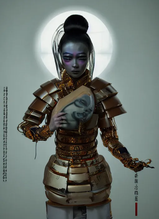 Image similar to portrait of a futuristic samurai geisha cyborg, kintsugi, modern fine art, fractal, intricate, elegant, highly detailed, digital photography, parallax, subsurface scattering, in the style of ghost, by jheronimus bosch and greg rutkowski,