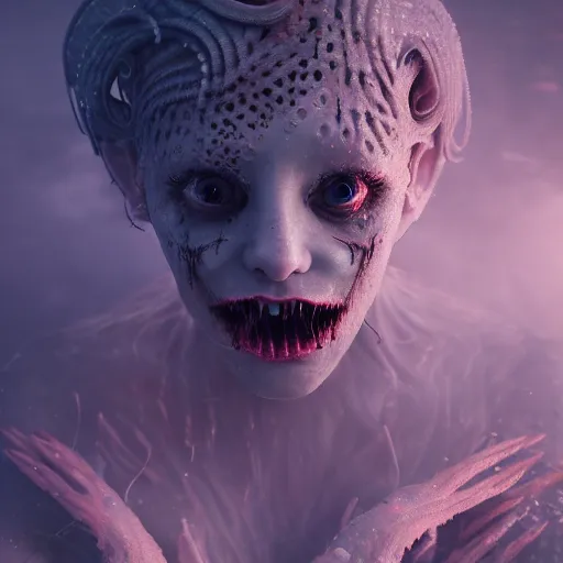 Image similar to beautiful, terrifying, demonic, full body female, with the body of a goddess, a beautiful porcelain face, with parasitic tentacles crawling up her, in a underwater horror scene, photo realistic, dramatic cinematic lighting, octane render, 4k, ultra detailed,