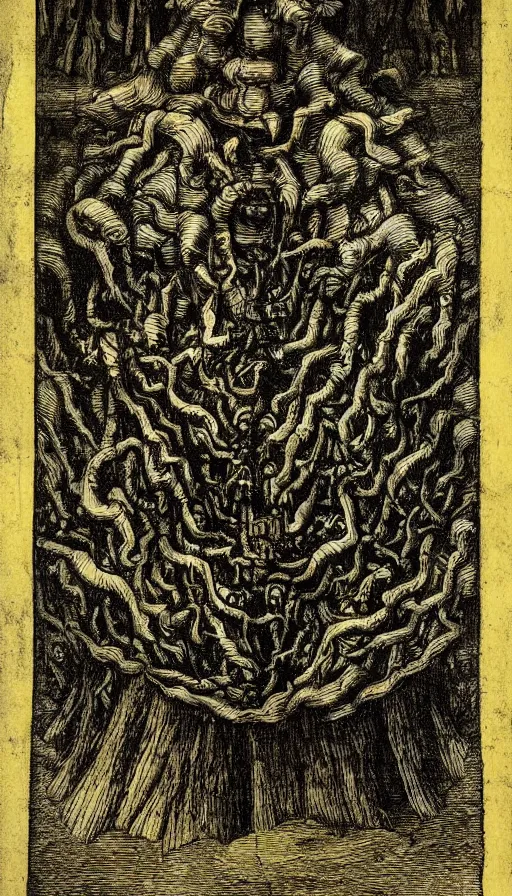 Prompt: a storm vortex made of many demonic eyes and teeth over a forest, by leonardo da vinci
