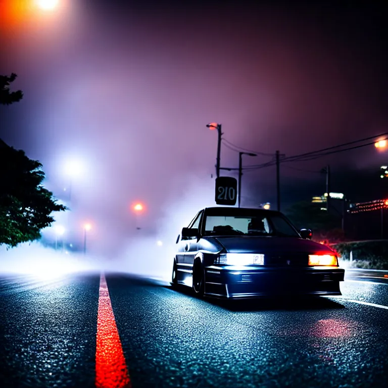Prompt: close-up-photo JZX90 twin turbo drift middle of empty street, misty kanagawa prefecture, night, cinematic color, photorealistic, highly detailed,