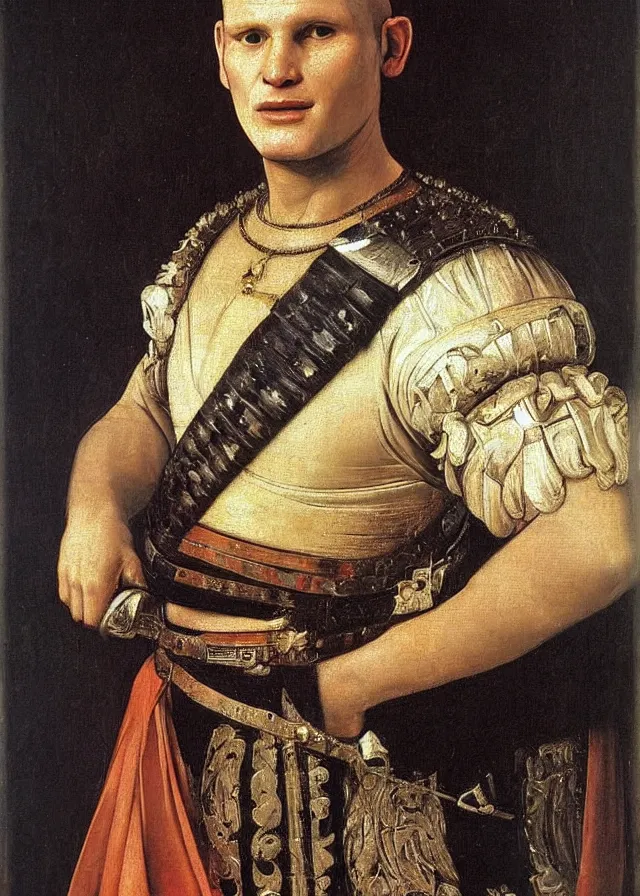 Prompt: a portrait of a Paul Gascoigne when he was 25 years old , with an armor and a crown, oil painting in a renaissance style , very detailed, painted by Artemia Gentileschi , Caravaggio, Titian, Rembrandt.