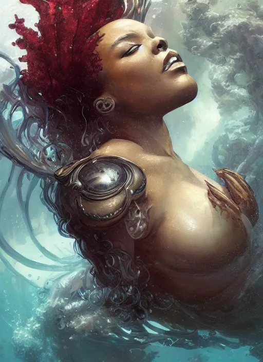 Image similar to Portrait of black mermaid, underwater, white lilies, shells, mirror, marvel comics, intricate, highly detailed, smooth, artstation, digital illustration by julie bell and Ruan Jia and Mandy Jurgens and Artgerm and Wayne Barlowe and Greg Rutkowski and Frank Frazetta