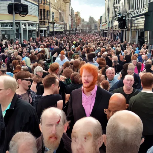 Prompt: a 7 foot tall, ginger, balding middle aged man walking among the crowd