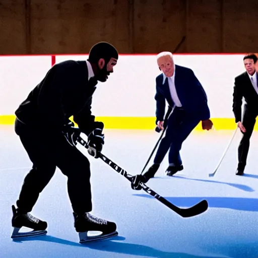 Image similar to drake and joe biden playing hockey, movie still, cinematic lighting