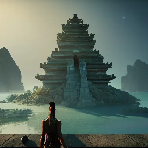 Image similar to high - tech space cult witch looking at floating islands while, foggy of a ancient temple in temple dramatic lighting, epic, octane render, volumetric light, unreal engine, artbreeder, 8 k, background, scene