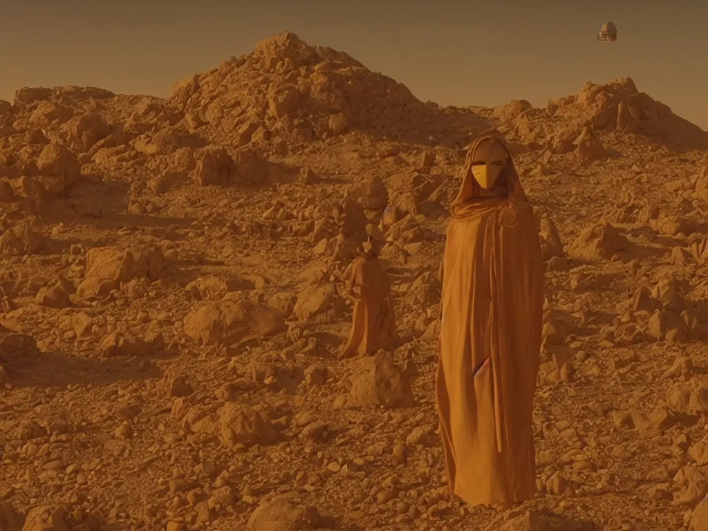 Image similar to glowing bene gesserit in full - face golden mask in a dry rocky desert landscape with abandoned city beneath the sand and giant alien spaceship in the sky by christopher doyle and alejandro jodorowsky, anamorphic lens, kodakchrome, cinematic composition, very detailed photo, 8 k,