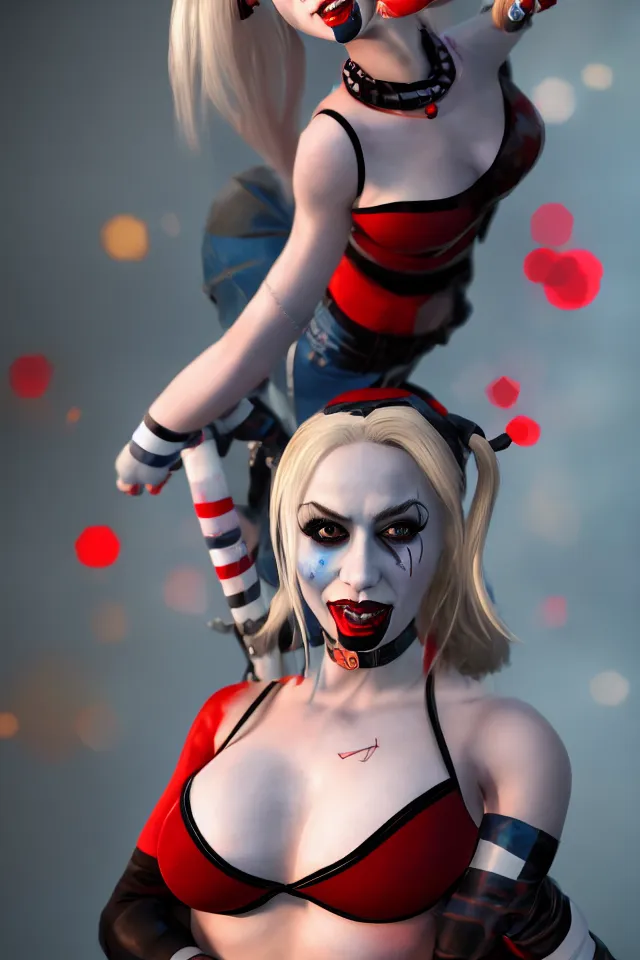 Prompt: Harley Quinn, Sexy, Playboy Cebterfold , photorealistic, hyperrealistic, 8K, HDR, volumetric lighting, bokeh