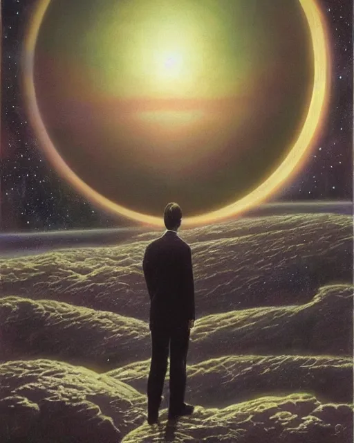 Image similar to a painting of a man standing in front of a planet, a detailed matte painting by david a. hardy and by david a hardy and by clyde caldwell, featured on deviantart, space art, sci - fi, dystopian art, matte painting