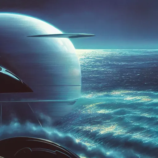 Image similar to beautiful matte painting of a dreamy ocean with clouds, sci - fi, daylight, blue sky, cinematic lighting, cinematic perspective, planet above, syd mead, john harris, federico pelat, detailed, 4 k, hd