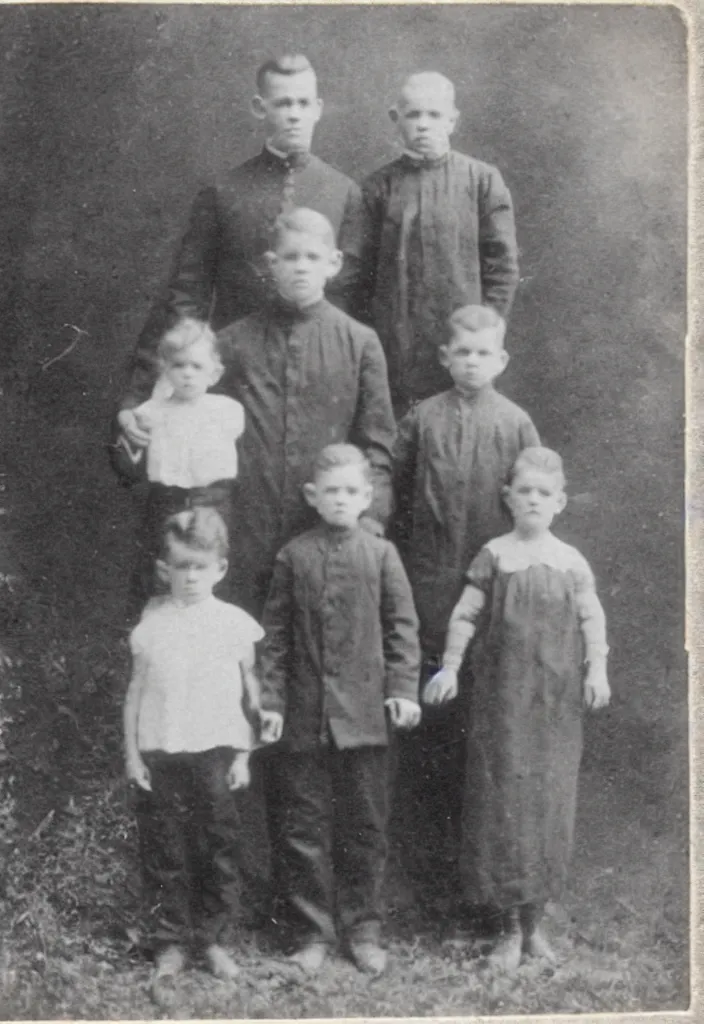 Prompt: photo taken in the 1 9 1 0's, full body view, family pictures with ghost children semi - visible