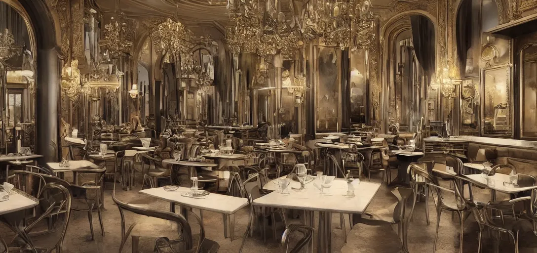 Image similar to a photorealistic render of a parisian cafe at lunch time but all the chairs look like the iron throne, iron throne from game of thrones, fancy french waiters, ultra detailed face, 8 k, artstation, volumetric lighting, smooth, highly detailed, octane render, by andres rocha and albert bierstadt and greg rutkowski