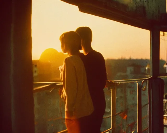 Image similar to lomo photo of pair standing on small hrushevka balcony full with cigarette smoke in small russian town looking at sunset, cinestill, bokeh