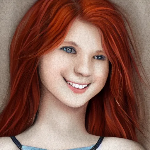 Prompt: Fullbody picture of Young woman with auburn hair looking into the camera and smiling slightly, digital painting, 8k