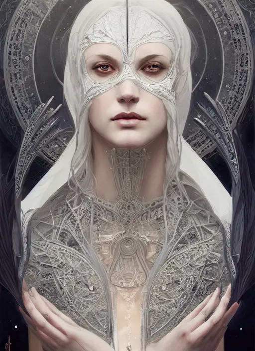 Prompt: symmetry!! white witch, machine parts embedded into face, intricate, elegant, highly detailed, digital painting, artstation, concept art, smooth, sharp focus, illustration, art by artgerm and greg rutkowski and alphonse mucha, 8 k