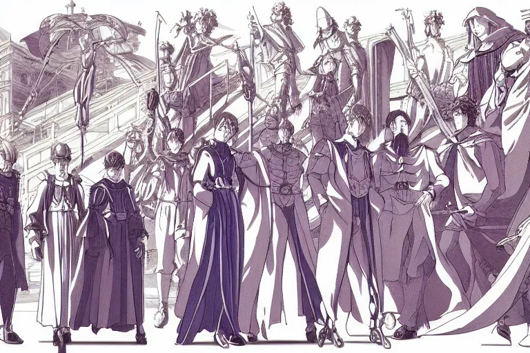 Image similar to cel shaded study of a group of mages in a late renaissance city, key visual with intricate linework, in the style of moebius, ayami kojima, 9 0's anime, retro fantasy