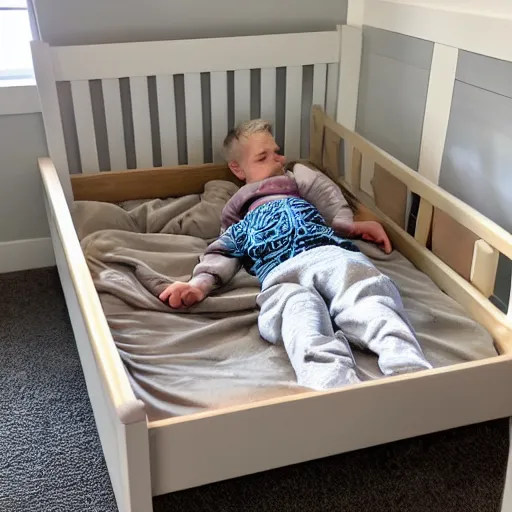 Image similar to kratos sleeping in kid sized bed