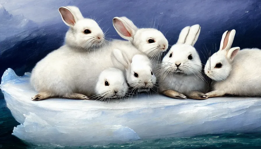 Image similar to highly detailed painting of cute furry white baby seal rabbits cuddling into each other on a blue and white iceberg by william turner, by greg rutkowski, by william constable, thick brush strokes and visible paint layers, 4 k resolution