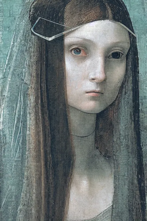 Image similar to a close - up portrait of a cyberpunk cyborg girl, by leonardo davinci, rule of thirds