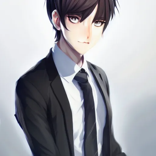 Prompt: A realistic anime portrait of a handsome young man with cat ears wearing a suit, digital painting, by WLOP and Rossdraws, digtial painting, trending on ArtStation, deviantart