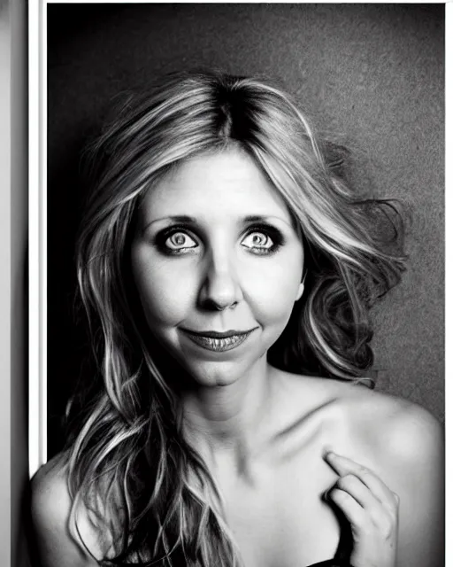 Image similar to award winning photo of Sarah Chalke, chesterfield lounge, symmetrical face, beautiful eyes, studio lighting, wide shot art by Sally Mann & Arnold Newman